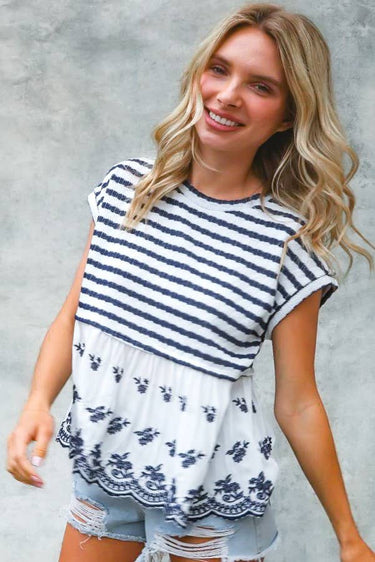STRIPE EMBROIDERY BORDER BABYDOLL TOP